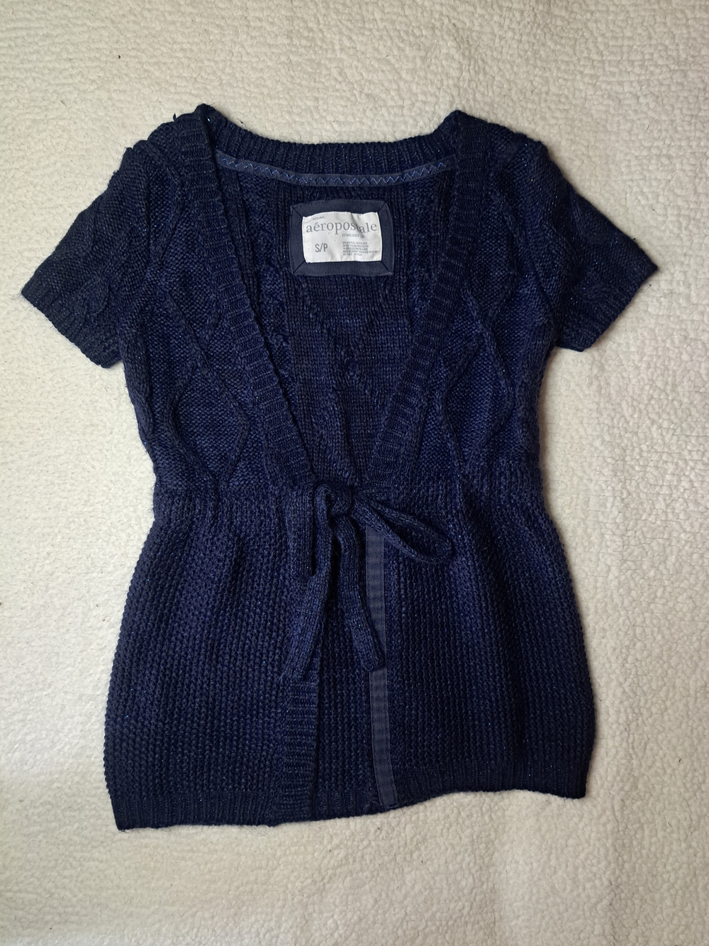 Aeropostale Babydoll Y2k Shimmer Navy Short-Sleeve Tie-Front Knit Cardigan